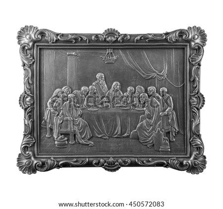 Gypsum dimensional picture with biblical scenes and the Last Supper Way to Calvary.