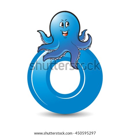 happy blue octopus animal on english alphabet O-vector drawing