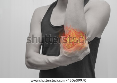 Man elbow painful.Concept photo with Color Enhanced pale skin with Fire indicating location of the pain.
