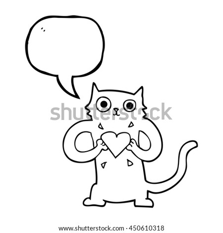 freehand drawn speech bubble cartoon cat with love heart