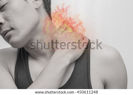 Man Throat painful.Concept photo with Color Enhanced pale skin with Fire indicating location of the pain.
