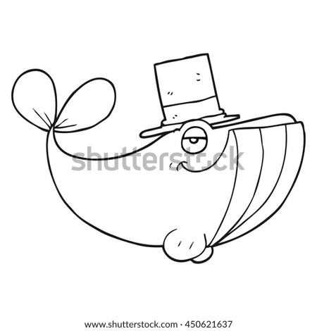 freehand drawn black and white cartoon whale wearing top hat