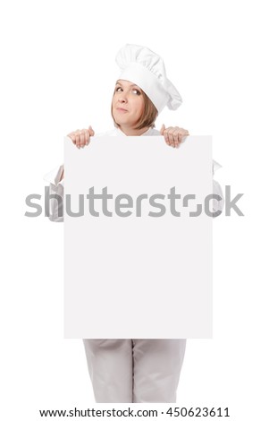hungry female chef, cook or baker holding blank board with empty copy space for you text isolated on white background. advertisement banner. your text here