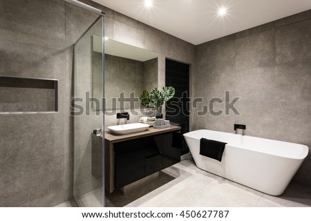 Modern bathroom with a shower area and bath tub including a wall mirror beside a fancy plant near a tap and sink over the wooden counter and dark cupboard Royalty-Free Stock Photo #450627787