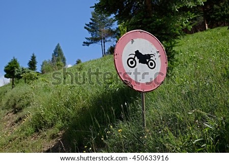Europe, country Slovakia, region of Liptov, Kva?ianska and Prosiecka valley, traffic sign of the prohibition of the entrance of motorcycles.