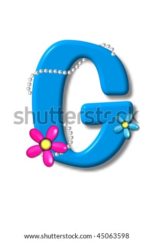 Alpha G decorated with pearls and glassy pink and green flowers.  Letter is bright blue.