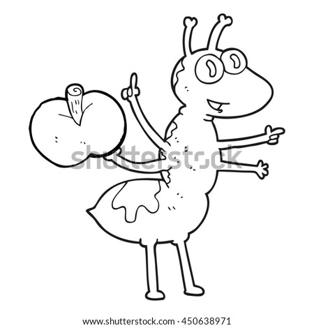 freehand drawn black and white cartoon ant with apple
