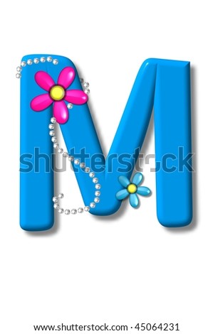 Alpha letter M is decorated with pearls and glassy pink and green flowers.  Letter is bright blue.