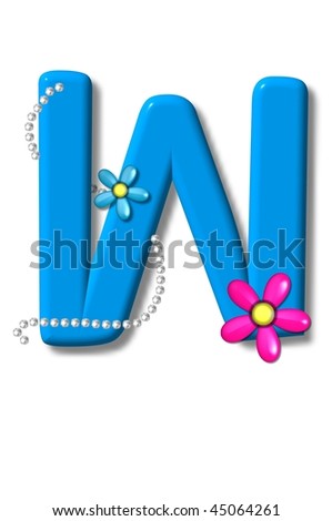 Alpha letter W is decorated with pearls and glassy pink and green flowers.  Letter is bright blue.