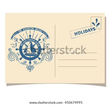 Vintage template postcard with sea boat ship