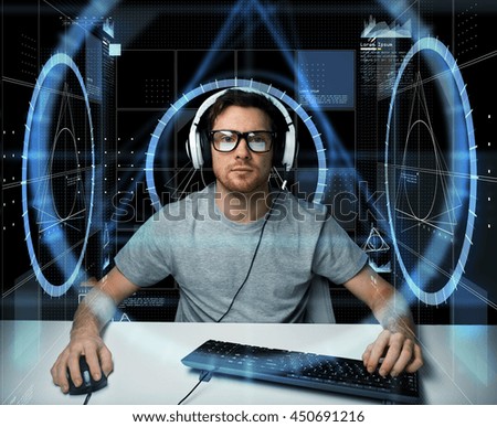 technology, cyberspace, programming and people concept - hacker man in headset and eyeglasses with pc computer keyboard over virtual projections