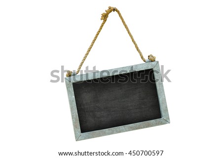 blackboard with rope hanging in the wall, isolated on white background, clipping path