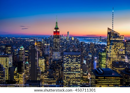 Elevated view of the Empire state building viewed at sunset, New York, USA