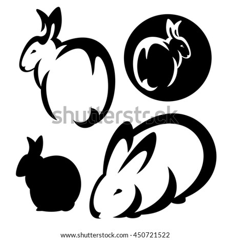 cute rabbits design set - black and white outlines and silhouette collection