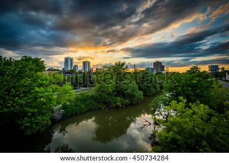 Sunset over the Lower Don River, in Toronto, Ontario. Royalty-Free Stock Photo #450734284