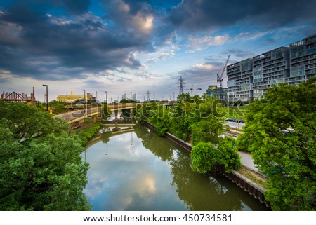 The Lower Don River, seen from Queen Street in Toronto, Ontario. Royalty-Free Stock Photo #450734581