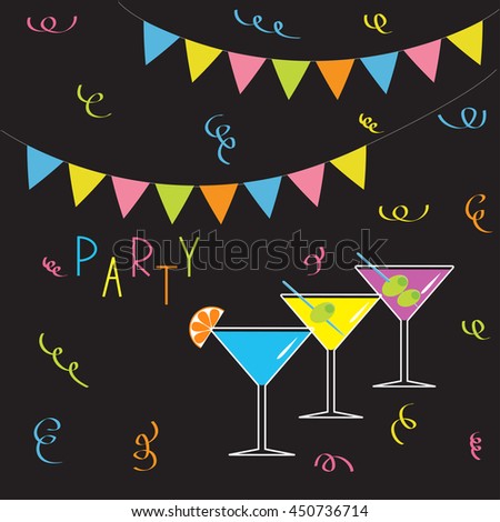 Set of three glasses with different cocktails. Colorful triangle paper flag set hanging on rope. Ribbon confetti. Black background. Party card. Flat design. Vector illustration