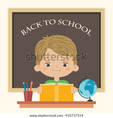 Happy boy reading a book at school. Little boy studying. Back to school vector cartoon illustration