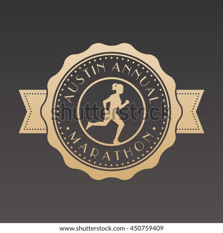 Marathon vintage emblem, badge with running girl, gold logo on dark