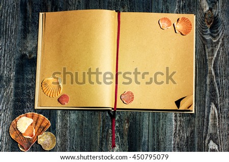 notebook and sea shell on the grey blue wooden background