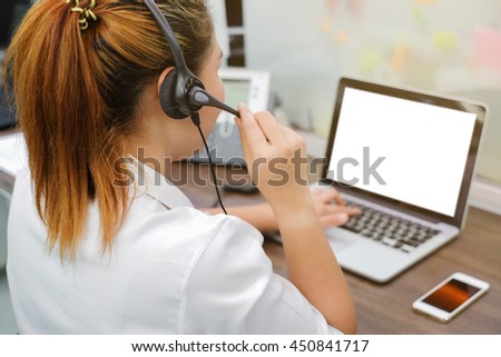 close up call centre woman working and response answer customer's question or partner concept Royalty-Free Stock Photo #450841717
