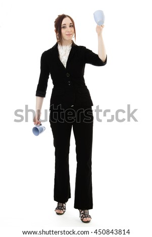 Young business woman juggling cup of coffee against white background