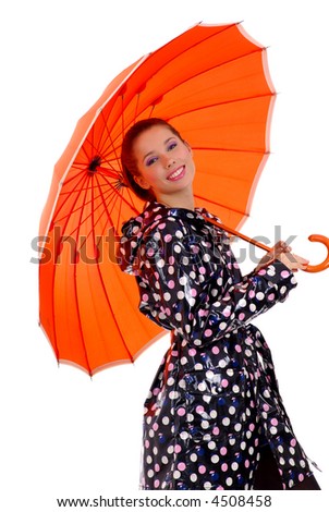 happy girl with orange umbrella over white
