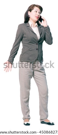 Cutout picture of young woman talking the phone. Human face expressions and emotions. Full length portrait isolated on white background.