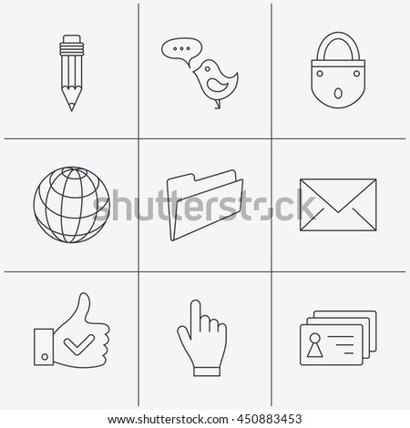 Pencil, press hand and world globe icons. Bird message, social network and mail linear signs. Contacts, like and folder icons. Linear icons on white background. Vector