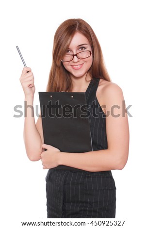 Portrait of happy smiling business woman in glasses with black folder, isolated on white background