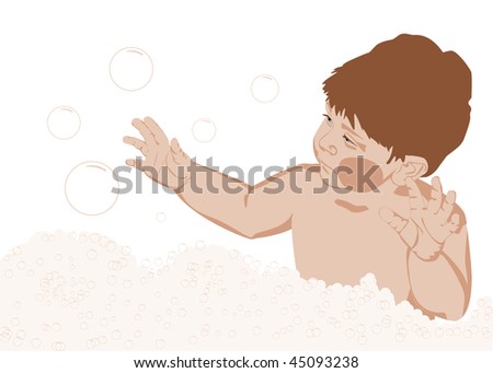 The boy bathing with bubbles in beige tones