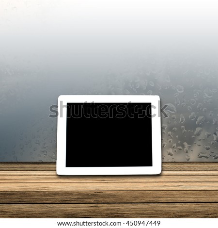 White tablet on Falling water drops on the gray and wooden floor, Clipping path tablet