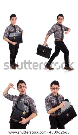 Young employee with briefcase isolated on white
