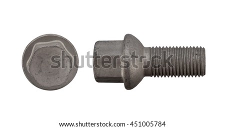 Pair of car wheel bolts isolated on white. the wheel nuts, cap, bolt on a white background. bolt and nut isolated on white background. Close-up of various steel nuts and bolts