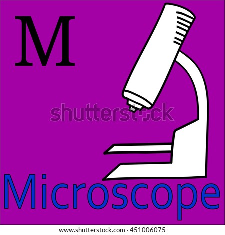 M letter. Object capital alphabet. Colorful font. Uppercase. Raster illustration. Worksheet, Exercises for kids, Coloring book. Illustration of alphabet letters with beautiful clip arts microscope