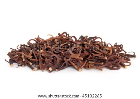 Uncaria stem with hooks, used in chinese herbal medicine, over white background. Gon Teng, Ramulus Uncariae Cum Uncis. Royalty-Free Stock Photo #45102265
