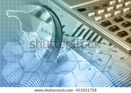Financial background with map, calculator, graph and ruler, toned.