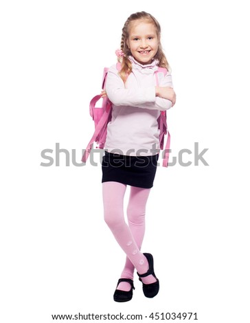 Child with schoolbag. Girl with school bag isolated on white