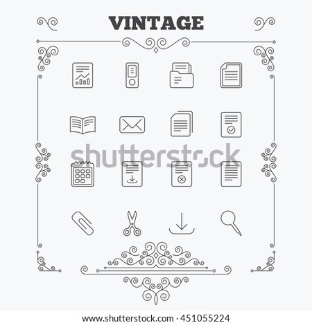 Documents linear icons. Accounting, book and calendar symbols. Paper clip, scissors and download arrow thin outline signs. Mail envelope and file chart. Vintage ornament patterns. Decoration design.