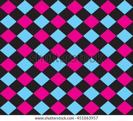 Funky blue, pink and black color diagonal square checked seamless pattern background vector.