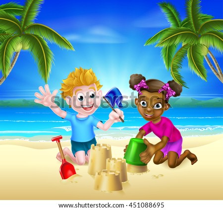 Children, one black one white, with bucket and spade building sandcastles in the sand on a tropical beach with palm trees