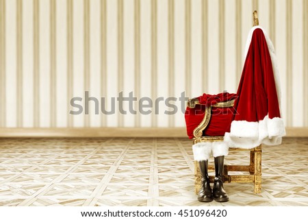 golden chair and red sack black shoes and floor 