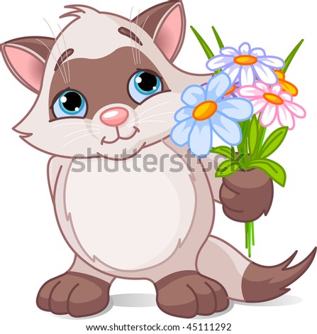 Vector illustration of cute kitten stretches flowers