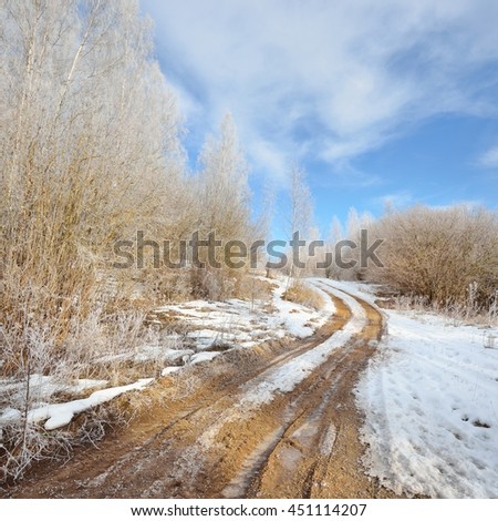 Road through snowcovered Russian countryside in winter