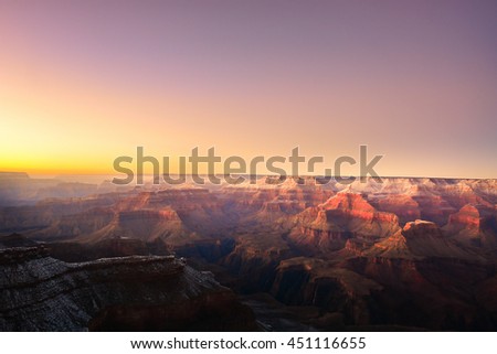 Last light at Grand Canyon National Park - South Rim USA in winter.Grand Canyon National Park was formed by Colorado River as it is also in the picture and was also named a UNESCO World Heritage Site.