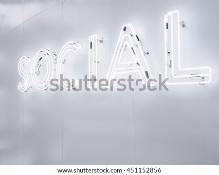Social Media Neon sign white light Signage on wall Technology background