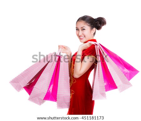 Chinese girl with qipao and shopping bag, white isolated background