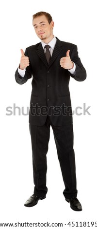 a young man in a black business suit on white background