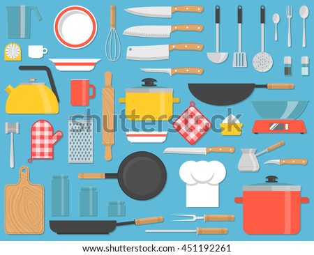 Kitchen tools set. Kitchenware collection. Lots of cooking tools, utensils, cutlery. Flat design icons for web, banners, sites, infographics. Vector illustration Royalty-Free Stock Photo #451192261