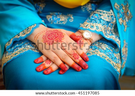 Bride henna carved beautiful and unique at bride's hand. Selective Focus And Shallow DOF.